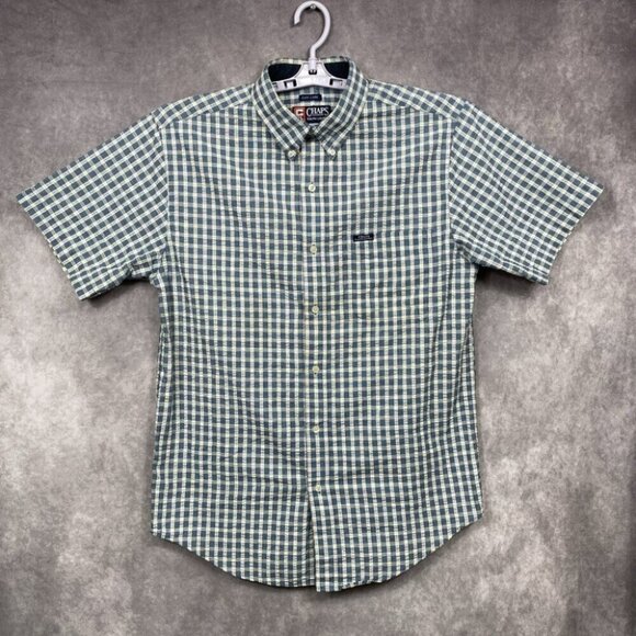 Chaps Ralph Lauren Button Down Shirt Mens M Blue Plaid Seersucker EZ Care VTG - Picture 2 of 9